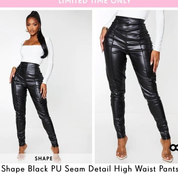 Pretty Little Thing NWT black shiny PU seam detail high waist fitted pants 4 - Picture 15 of 15